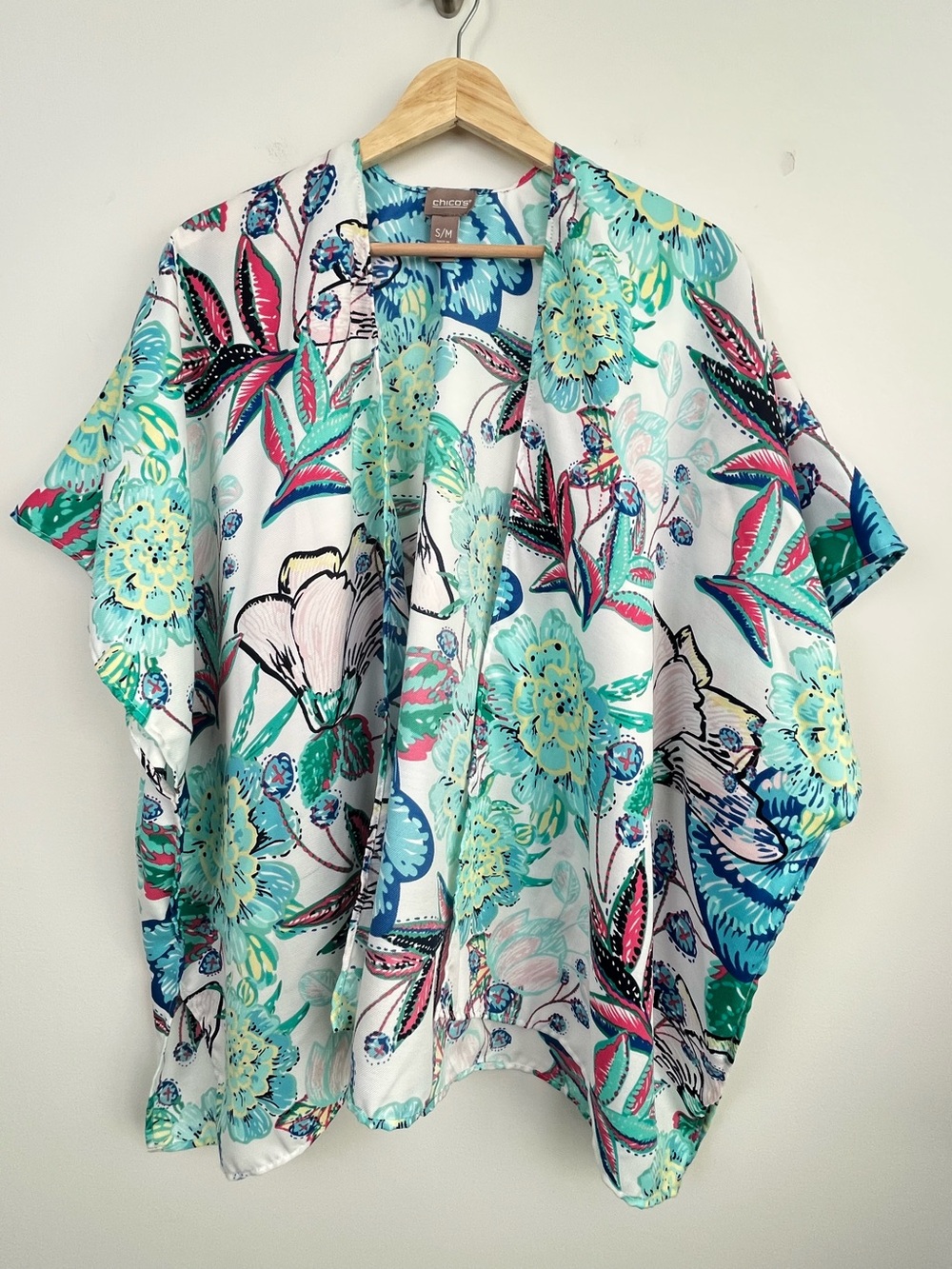 Chico’s multicolor tropical print open front kimono style wrap, S/M.